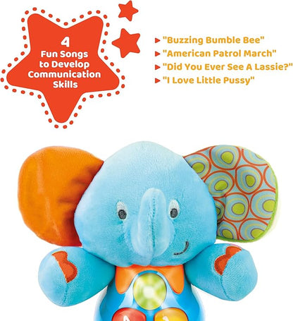 KiddoLab Plush Elephant Baby Toys - Musical Stuffed Animals with 3 Light-Up Buttons, 4 Children's Nursery Songs & Sound Effects - Soft Learning Toy for 3 Months & Olds Infants, Babies & Toddlers