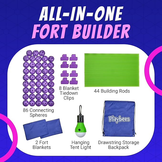 Playbees Fort Building Kit with Rods and Connectors- 145 Pieces - Ages 4-8, 8-12 STEM Building Toy, Construction Set for Kids, Indoor Outdoor Play Tent, DIY Castle, Birthday Gift