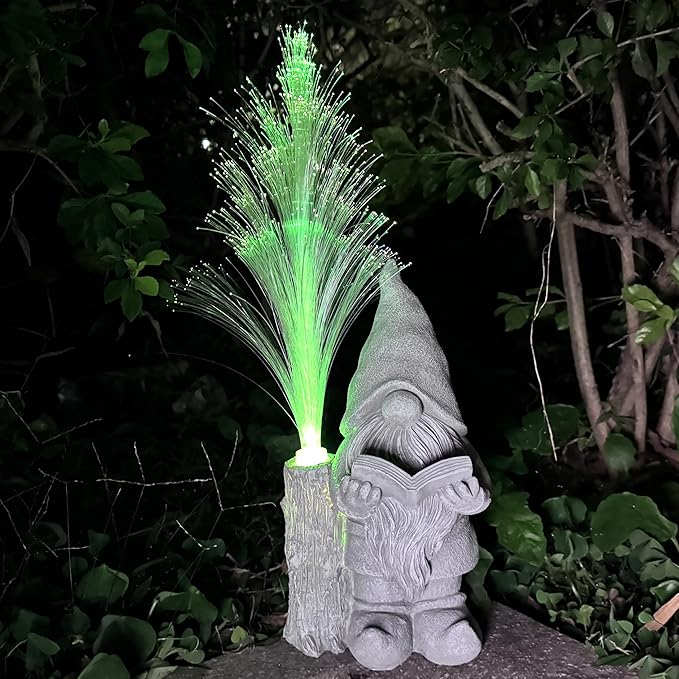 Gnomes Statue Solar Garden Decor,Resin Gnome Statues and Colour Changing Optical Fiber Solar Lights,Outdoor Decoration for Balcony, Garden, Patio, Yard, Lawn, Gifts for Mom Grandma
