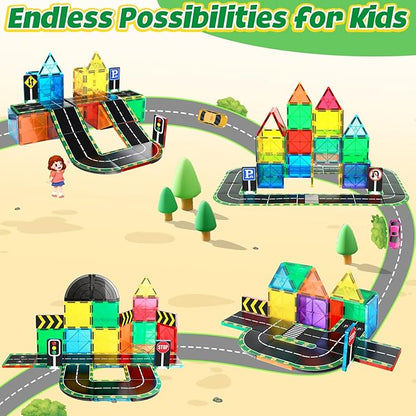 64PCS Magnetic Tiles for Kids Ages 3-5 4-8 Magnetic Building Blocks Road Expansion Pack for Toddlers Creative Learning Construction Toys Gift for Kids 3 4 5 6 7+Year Old Boys Girls Christmas Birthday