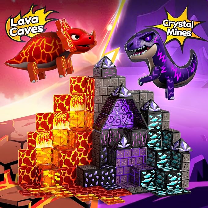 GobiDex Dinosaur Toys Magnetic Tiles Lava Cave Dinosaur World Set - Magnetic Blocks Building Toys for Kids 3-5 4-8, STEM Sensory Toddler Birthday Gifts for Boys Girls Age 3+ Year Old