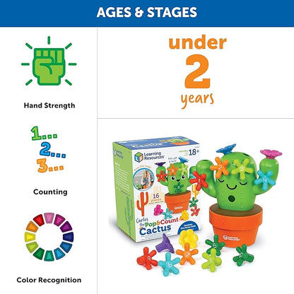 Learning Resources Carlos the Pop & Count Cactus - 16 Pieces, Age 18+ Months Toddler Learning Toys, Preschool Toys, Educational Toys for Kids