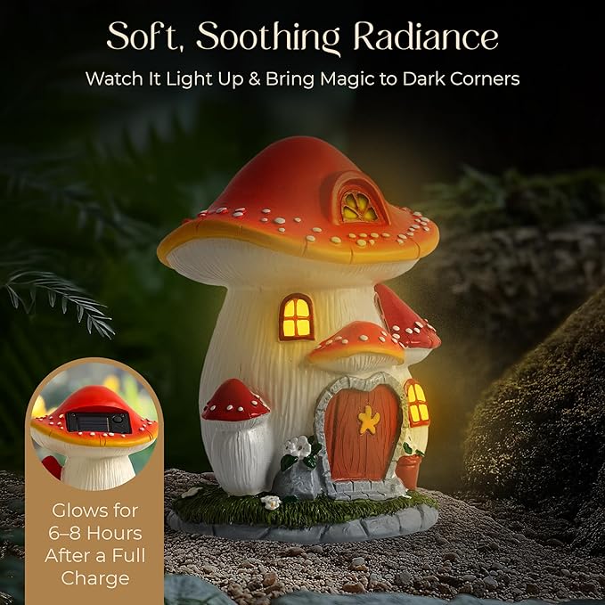 Solar Garden Gnome Statue Set – Magical Gnome Decor - Solar Light Mushroom House – Hand-Painted Resin Garden Decorations for Indoor & Outdoor – Weather-Proof Yard Ornaments - Unique Outdoor Gifts