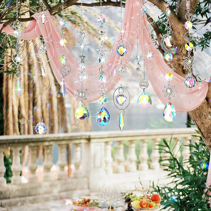 Maitys 9 Pcs 6 Pcs Crystal Suncatcher Sun Catchers Indoor Window Hanging Sun Catchers with Light Catcher with Prisms and Agate Slices for Indoor Outdoor Home Garden Wedding Decor (Elegant)