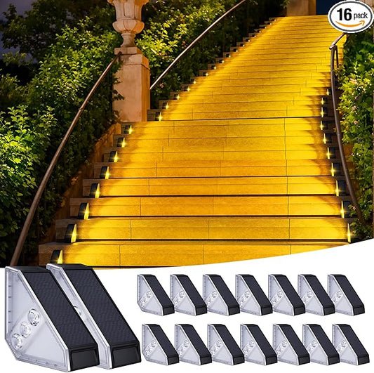 KINKAI Solar Step Lights Outside - 16 Pack Outdoor Stair Light Waterproof LED Triangle Deck Lamps for Garden, Patio, Yard, Front Door, Porch Decor (Warm Light)