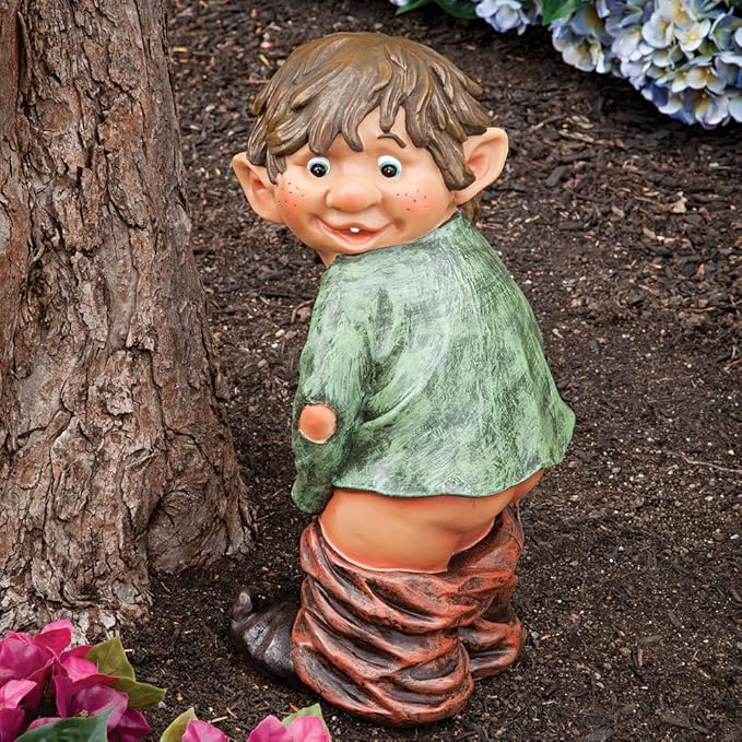 Bits and Pieces - Caught with His Pants Down Garden Statue - Naughty Gnome Yard Art, Funny Elf - Polyresin Statue Measures 13-1/2" High x 5" Wide