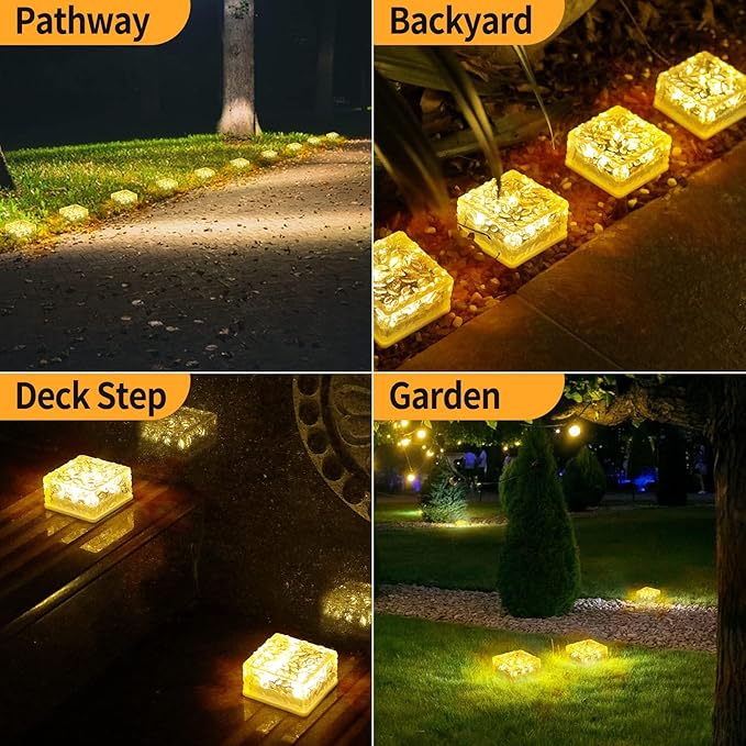 4Pack Solar Brick Lights,4.3 * 4.3in Outdoor Solar Lights,Pavers Lights,Solar Pathway Lights Outdoor Waterproof for Garden Courtyard Pathway, Ice Rock Cube Lights