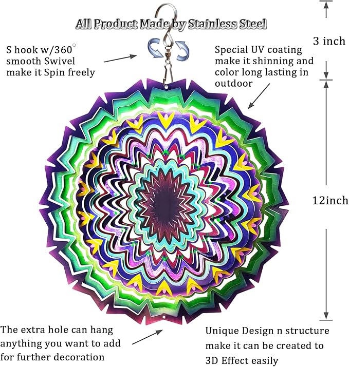 FONMY Wind Spinner Mandala Lucky Star Purple Color 12 inch 3D Stainless Steel Laser Cut Metal Art Geometric Pattern - Hanging Wind Spinner, Kinetic Yard Art Decorations - Indoor/Outdoor Décor