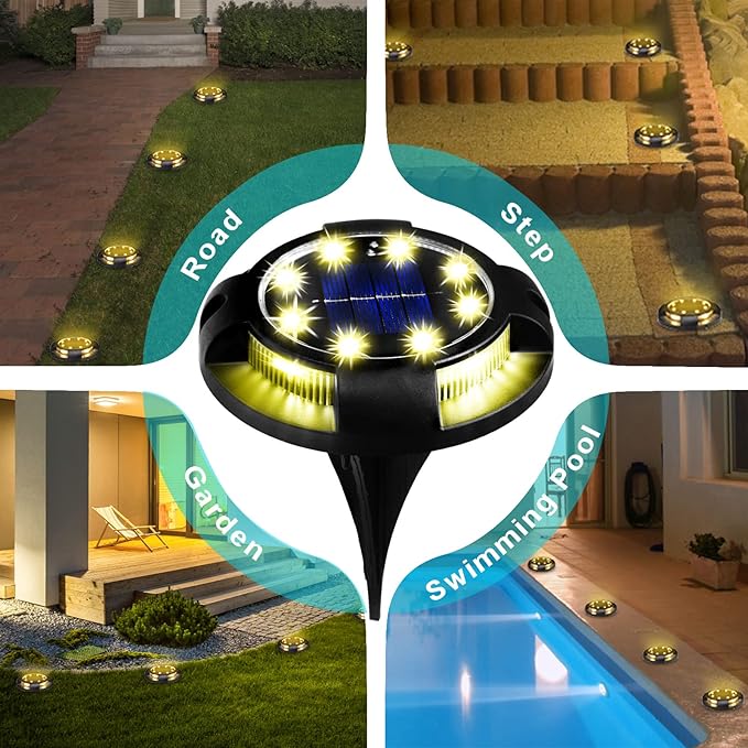 Solar Ground Lights Outdoor 12 Packs 12 LED Disk Lights Solar Powered Waterproof New In-ground Lights For Garden Deck Stair Step Lawn Patio Driveway Walkway Pathway Yard decoration(Warm Light,12Pack)