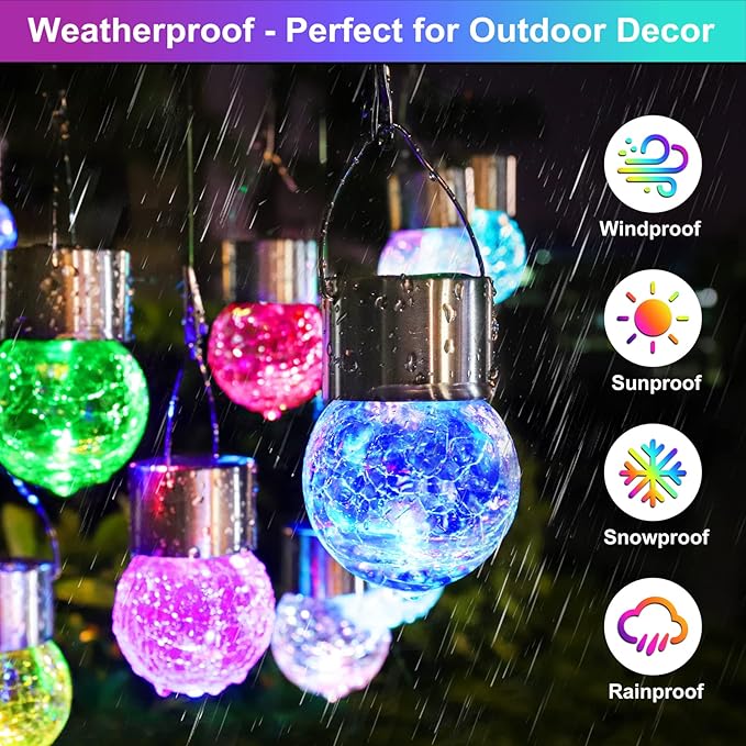 MAXvolador 12-Pack Hanging Solar Lights, Decorative Cracked Glass Ball Light, Multicolor Solar Powered Waterproof Globe Lighting for Garden, Tree