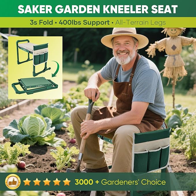 Saker Garden Kneeler and Seat Foldable Gardening Stool with Extendable Legs & Thickened Pad, Tool, Heavy Duty Support for Elderly, Gardening, Outdoor Use