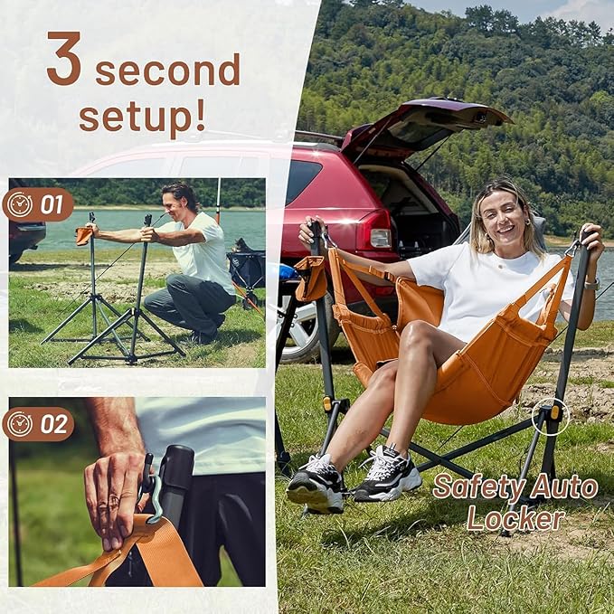 Timber Ridge Hammock Camping Chair with Adjustable Backrest, Heavy Duty Folding Hammock Chair Supports 300lbs, Portable Hammock Chair for Camping, Travelling and Patio, Orange