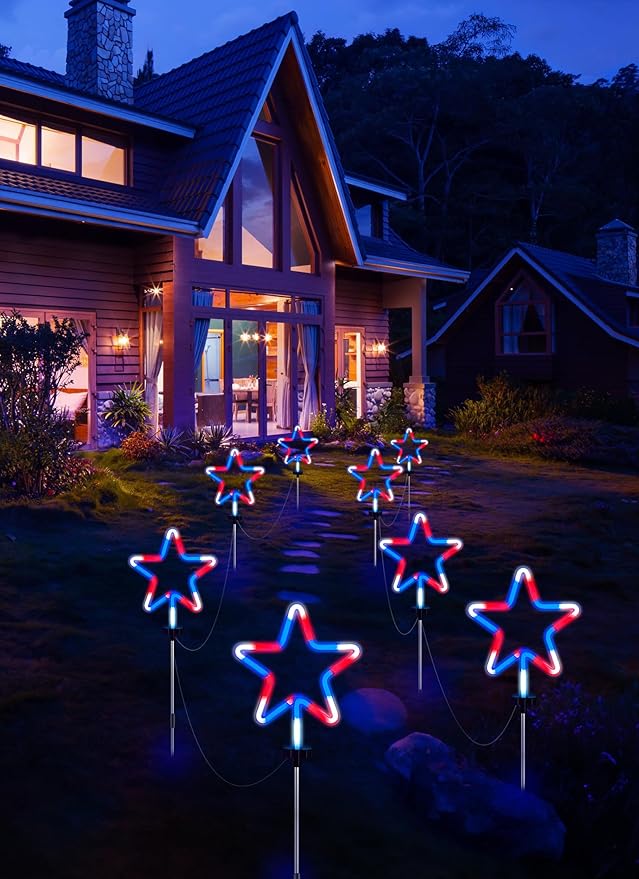 Brightown Red White and Blue Lights, 4th of July Decorations Outdoor, 8 Large Neon Star Pathway Lights Plug in, Patriotic Decorations Fourth of July Decor for Independence Day Garden Yard Outside