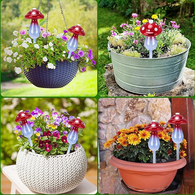 Headley Tools Plant Watering Globes Mushroom, Glass Plant Watering Globes, Self Watering Planter Insert, Cute Self Watering Globes - (4 PCS)