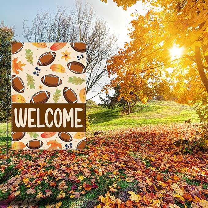 Welcome Fall Garden Flag Autumn Football Garden Flag 12x18 inch Double Sided Fall Maple Leaves Seasonal Flags for Yard Outside Lawn Patio (Flay 1802)