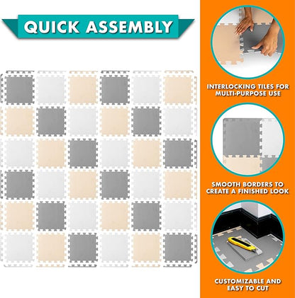 ProSource Foam Puzzle Floor Play Mat for Kids and Babies with Solid Colors, 36 or 16 Interlocking Tiles with Borders, White/Grey/Beige