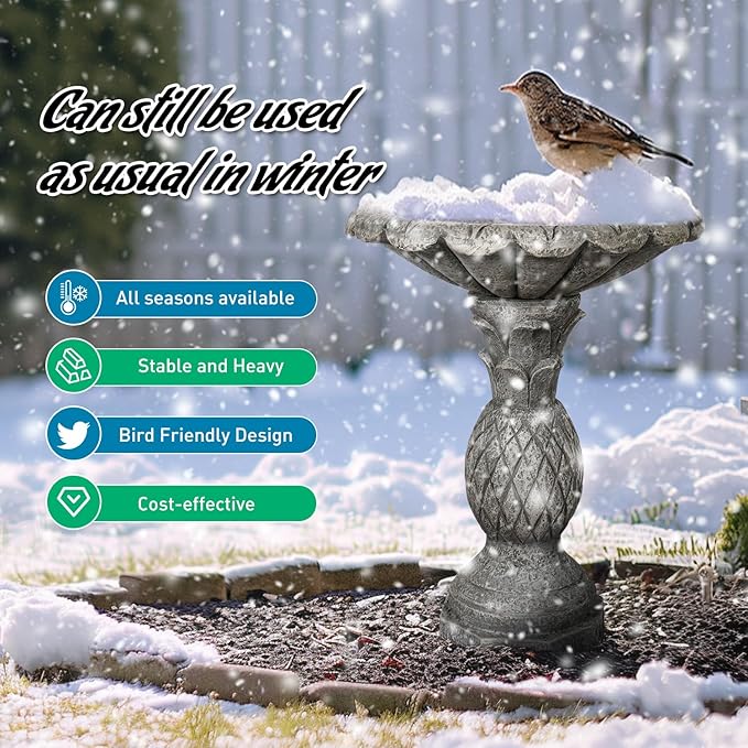 SunJet 24.8 Inch Heigh Concrete Bird Bath with Pineapple Texture – birdbath Sturdy & Elegant Design, Vintage Freestanding Style, Attracts Birds and Enhances Garden, Patio, Yard, Lawn Décor