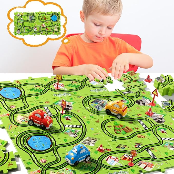 64 PCS Puzzle Track Car Set Toys for Kids Boys, Toddler Toys Gifts for 3 4 5 Year Old Boys, Floor Puzzle Tracks Car for Boys Ages 3-5 4-6, for 3 4 5 6 Year Old