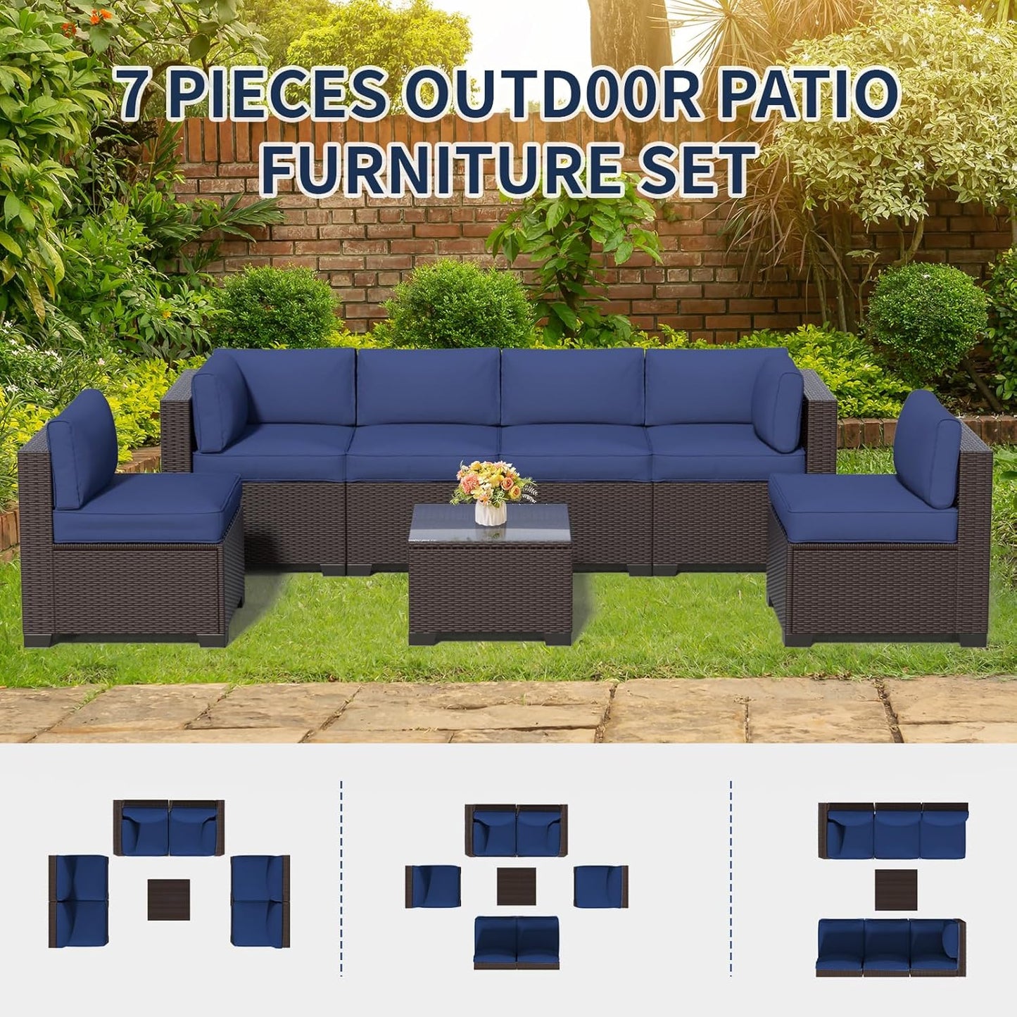 7 Piece Patio Furniture Set, Rattan Outdoor Patio Conversation Sets, Outdoor Sectional Furniture with Waterproof Cushion and Coffee Table, for Deck, Backyard, Garden