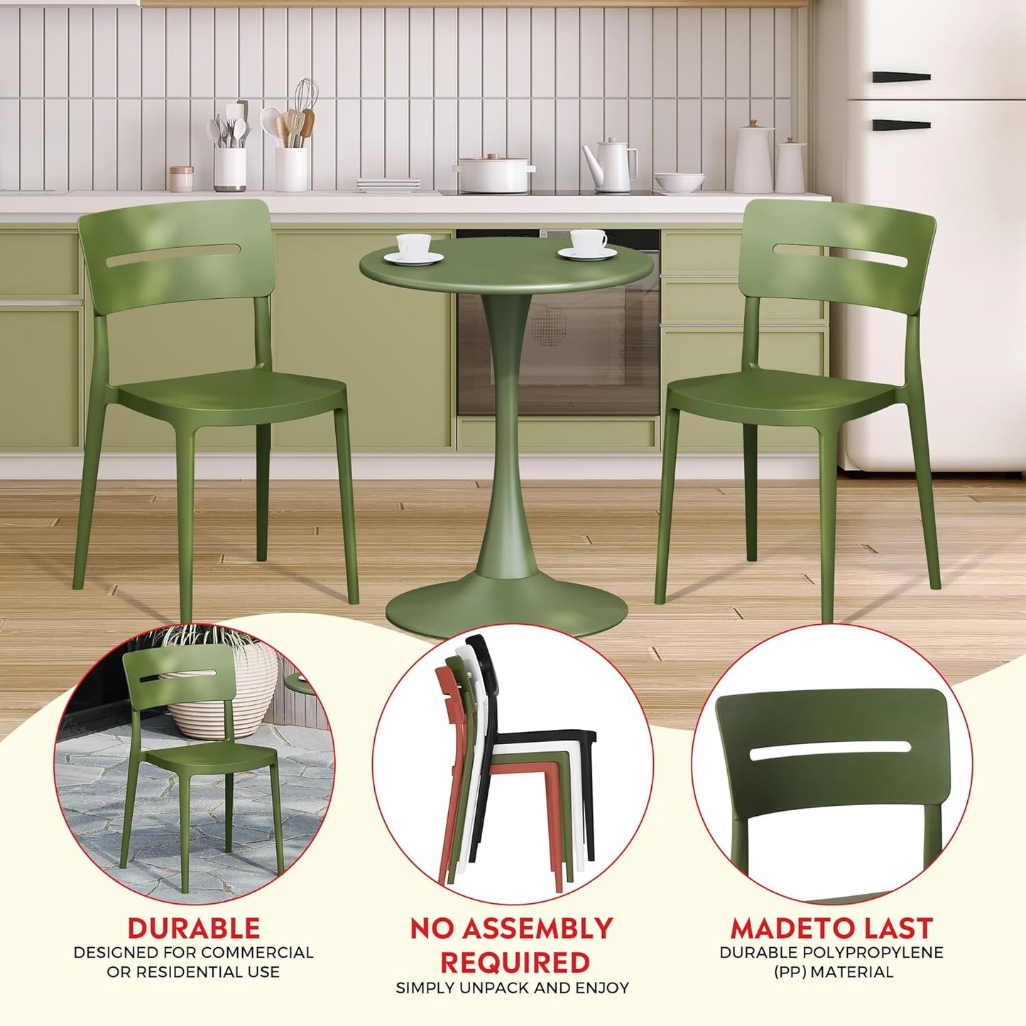 5-Piece Outdoor Dining Set, HDPE Patio Square Bistro Table and Stackable Chairs Sets for 4, Patio Furniture All Weather for Backyard Poolside, Olive Green