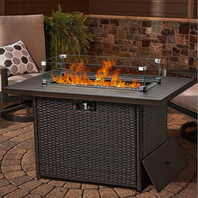 LayinSun 44" Propane Gas Fire Pit Table, 55000 BTU Rectangular Fire Pit with Glass Wind Guard for Outside Patio Deck Garden Backyard Brown-Aluminum Top