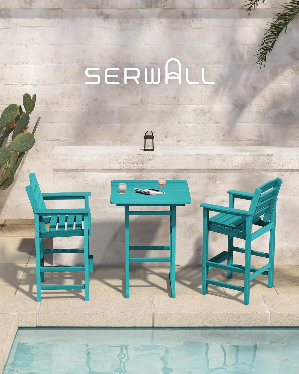 SERWALL Balcony Adirondack Chairs and Table 3 Pieces Set, Adirondack Bar Height Chairs Set of 2 and Bar Table, Outdoor Bar Stools Set for Bistro, Poolside, Backyard, Aruba