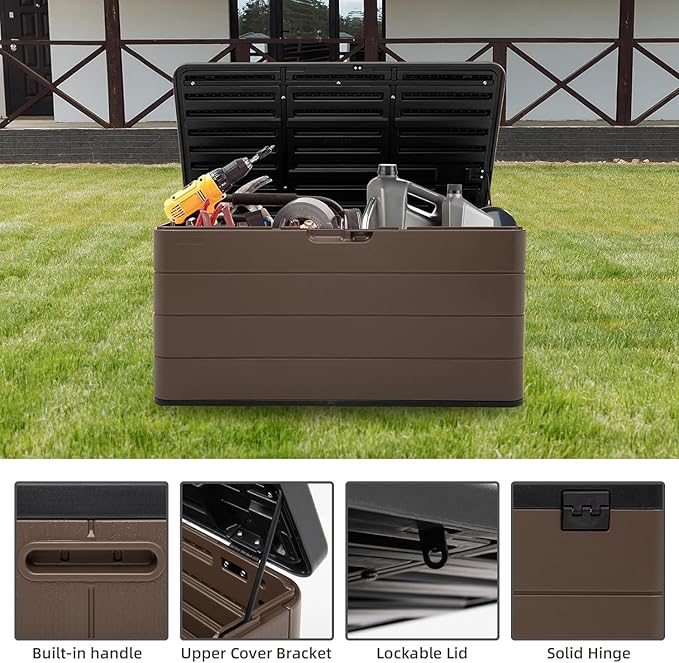 Premium Pro Edition 100 Gallon Lockable Resin Deck Box, Waterproof & UV-Resistant Outdoor Storage Box for Outdoor Cushion Storage, Garden Tools & Pool Accessories Storage, Brown