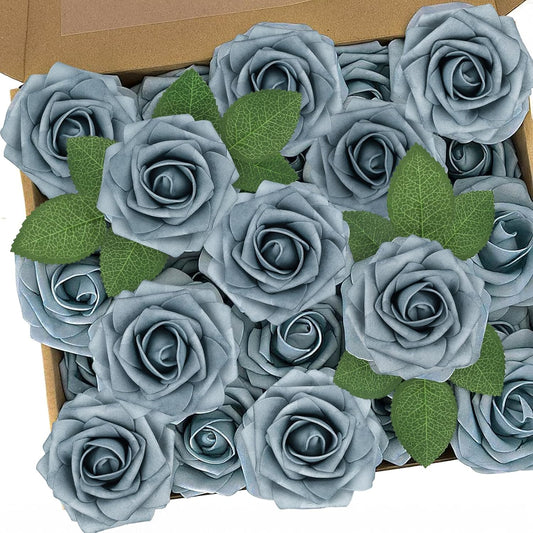N&T NIETING Artificial Flowers, 50pcs Foam Roses Fake Flowers DIY Wedding Party Cake Decoration, Home Display, Dusty Blue Gray