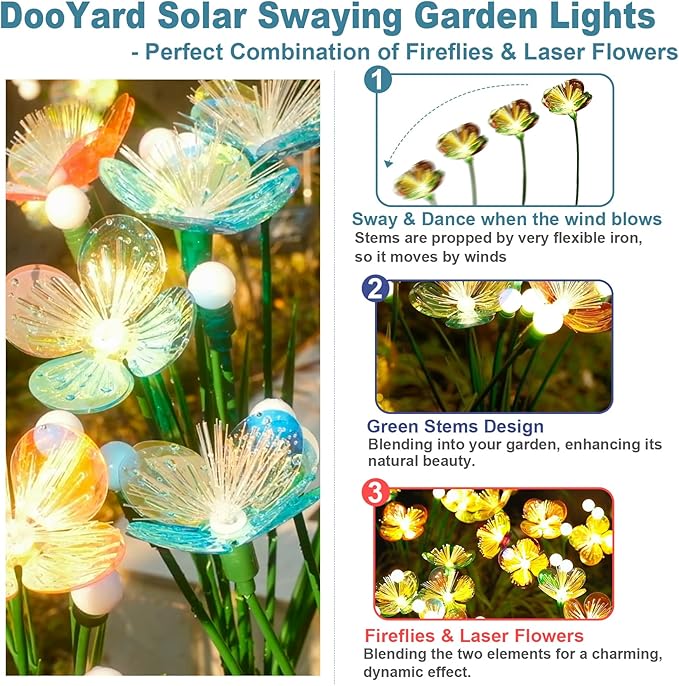 Solar Swaying Garden Lights – Upgraded Flower & Firefly Lights with Larger Solar Panel, Waterproof Outdoor Pathway & Flowerbed Light for Yard & Holiday Decor (2pack)
