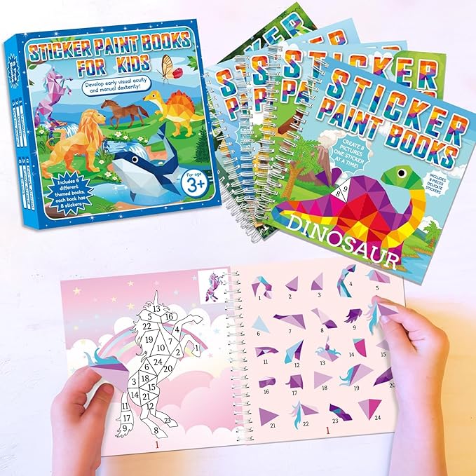 6 Pcs Paint by Sticker Books for Kids Ages 4-8 Sticker by Number Books Activity Book for Kids Ages 3-5 Sticker Puzzle Book Craft Art Toddler Girls Gift with Dinosaur Unicorn Forest Animal 48 Pictures