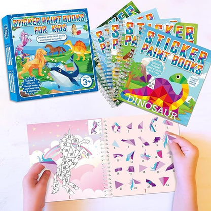 6 Pcs Paint by Sticker Books for Kids Ages 4-8 Sticker by Number Books Activity Book for Kids Ages 3-5 Sticker Puzzle Book Craft Art Toddler Girls Gift with Dinosaur Unicorn Forest Animal 48 Pictures