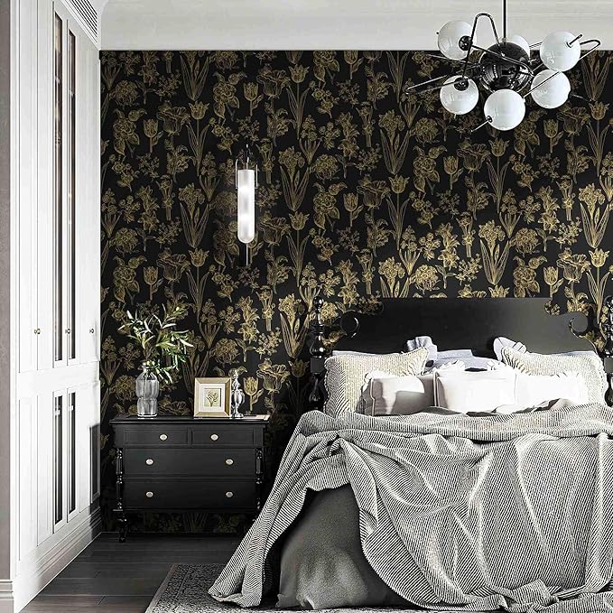 Dimoon 393"x17.3" Floral Wallpaper Peel and Stick Flowers Golden Black Contact Paper Thicken Waterproof Modern Self Adhesive Plants Wallpaper Removable Wall Paper Shelf Vinyl Roll