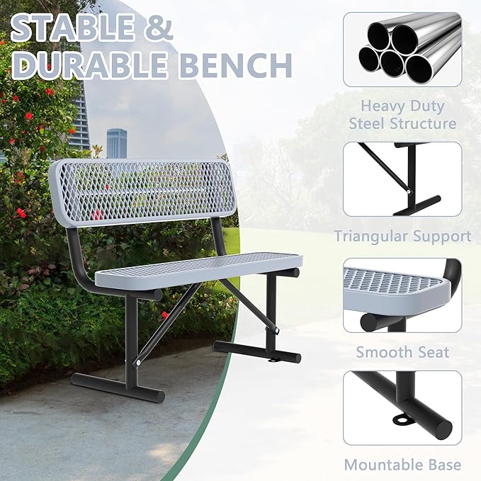 Heavy Duty Park Bench with Back Portable Frame, Outdoor Steel Bench with Backrest, Outdoor Park Bench Expanded Metal Mesh Bench for Lawn, Park, Deck, Garden, Patio, Porch, Black (Gray, 4FT)