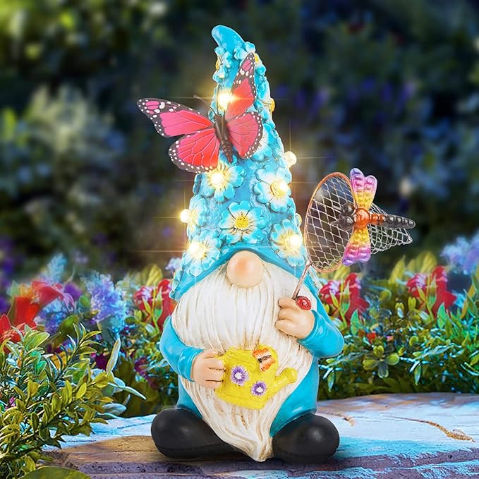 Garden Gnome Statues Outdoor Decor Solar Gnomes with Butterfly on LED Lighted Flowers, Resin Blue Gnomes Sculpture for Patio Yard Lawn Onament Decoration