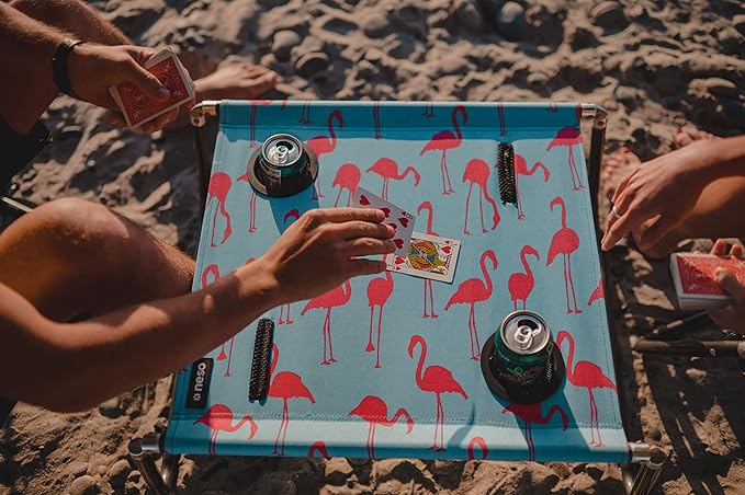 Neso Portable Beach Table with Cup Holders, Cell Phone Pockets, Lightweight for Picnics and Parks (Flamingos)