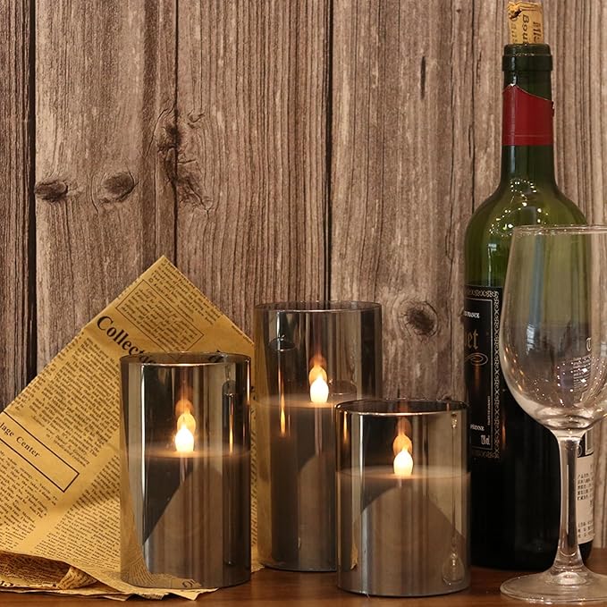 LED Flickering Candles with Remote Timer,Glass Flamless Pillar Candles Real Wax with 3D Wick Realistic,Warmth Decoration for Wedding Home Festival (Grey)