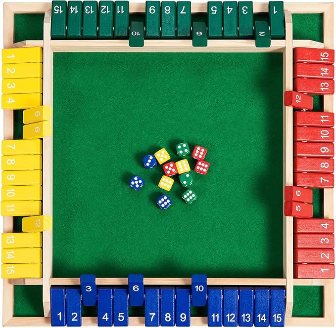 Upgraded 16.54'' Shut The Box Dice Game 4 Player-Colorful Wooden Close The Box Game with 15 Numbers + 16 Dices- Tabletop Math Board Game Kids & Adults