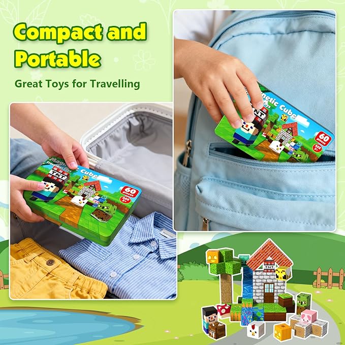 60 PCS Magnetic Blocks with Metal Box, 0.8in Mini Magnetic Building Cubes STEM Educational Toys for Kids Ages 3+ Boys Girls, Travel Airplane Classroom Play, Birthday Christmas Toy Gifts