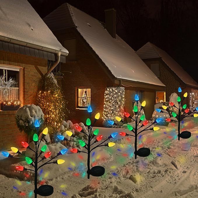 C7 Solar Christmas Lights Outdoor, 4Pack Christmas Pathway Lights with 48 LED Strawberry Multicolor Lights, 8 Modes Outdoor Waterproof Christmas Decorations Lights for Garden,Yard,Pathway (4 Pack)