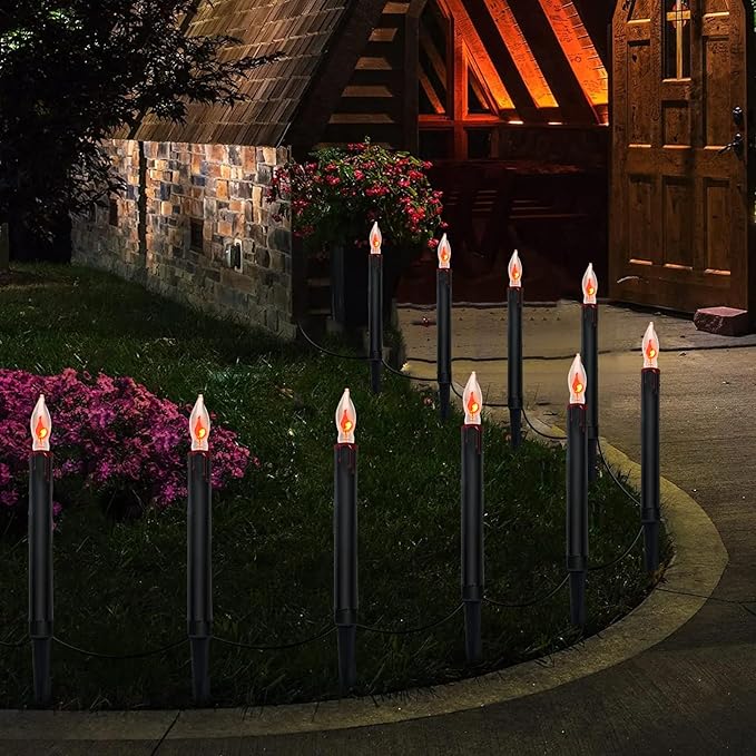 Halloween Pathway Lights Outdoor, 19.5Ft Halloween Pathway Marker String Lights with 10 C18 Flicker Flame Black Candles Stakes Lights Plug in Halloween Walkway Lights for Lawn Garden Sidewalk Driveway