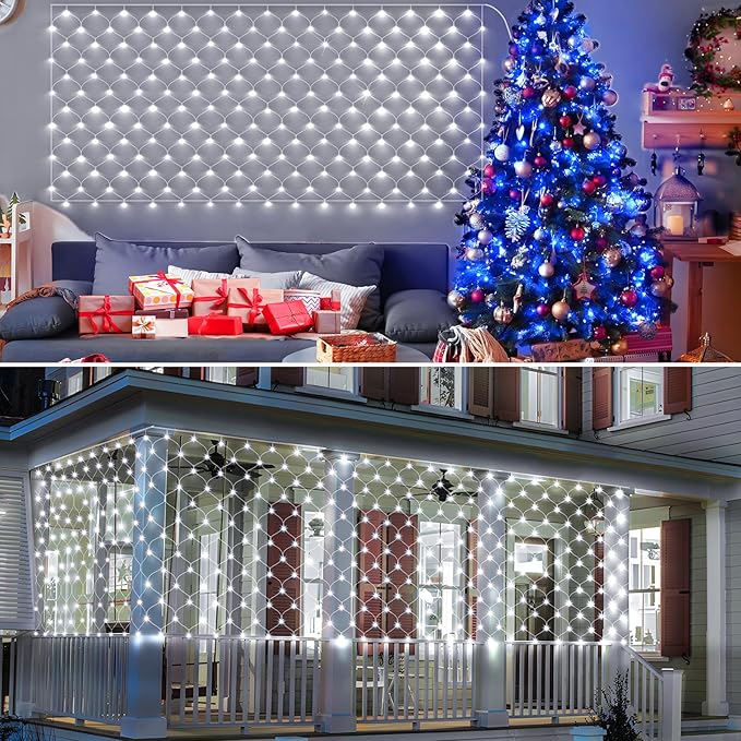 KNONEW Christmas Net Lights 360 LEDs 13ft x 9.8ft Outdoor Mesh Lights Connectable Waterproof 8 Modes & Timer Plug-in Net Fairy Lights for Bushes Garden Party Wedding Holiday,Cool White