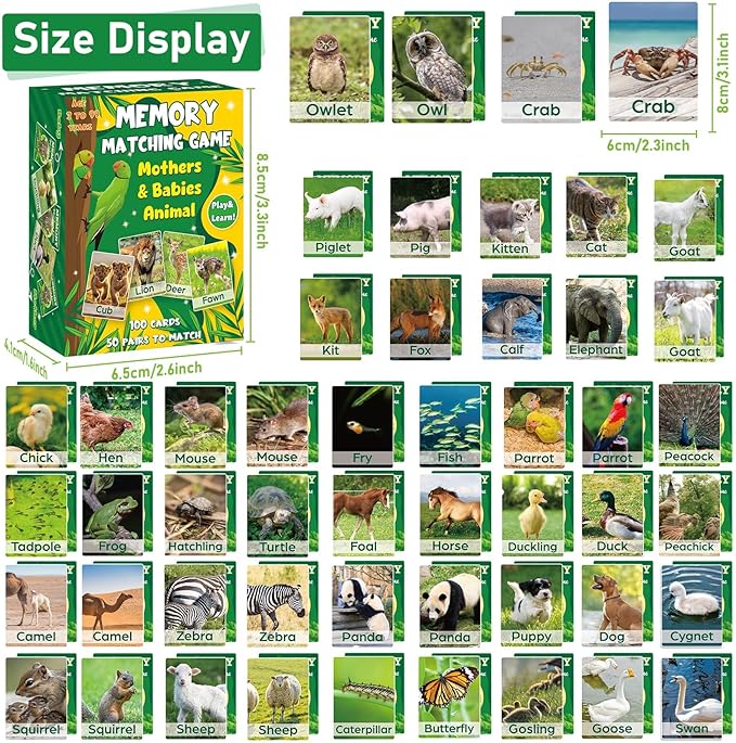 gisgfim 50 Pairs Memory Matching Game Adult & Baby Animal Memory Games Educational Matching Game for Kids and Adults A Fun & Fast Animal Memories Games Toddlers Preschool Family Board Gift