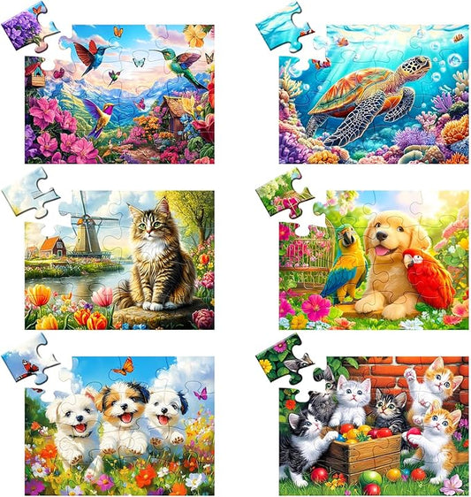 6 Packs 16 Large Piece Puzzle for Seniors Puzzle Dementia Alzheimer's Products Activities for Seniors Elderly Adult Dog Cat Turtle Easy Jigsaw Puzzle Alzheimers Memory Games with 6 Storage Bags