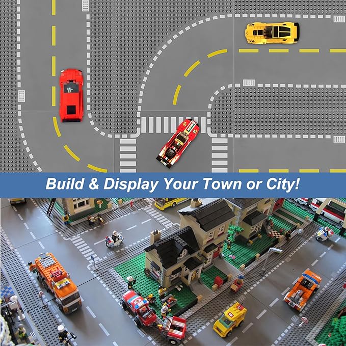 6 Pack Road Base Plates for Building, Compatible with Lego Classic Bricks, 10” x 10” Baseplates Fits for Lego Roads, Road Base Plates for City Sets (Attached DIY Stickers)