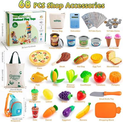 68PCS Grocery Store Play Food Sets for Kids Kitchen, Cutting Toy Food with Shopping Bags Calculator for Kids Toddler Pretend Food with Pizza Veggies Fruits Fake Food Play Kitchen Accessories Girl Gift