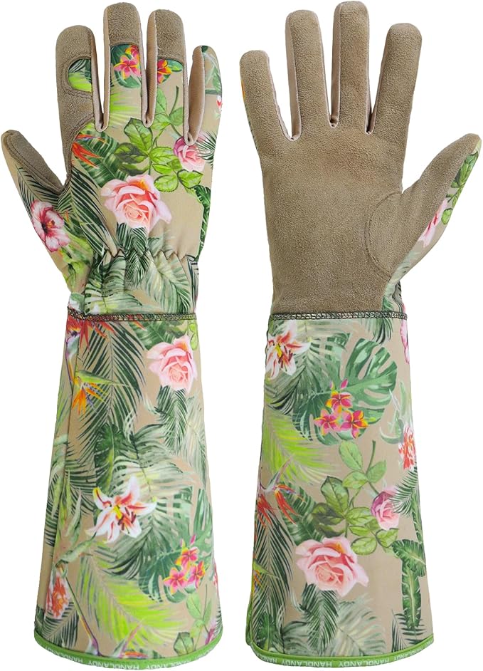 HANDLANDY Leather Gardening Gloves for Women, Thorn Proof Breathable Ladies Rose Pruning Garden Gauntlet Yard Gloves, Gift for Gardeners (Khaki, S)