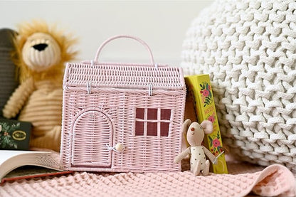 Rool Rattan House Shaped Basket Wicker Small Dollhouse Gift for Girls, Boho Toys, Mouse in a Box House, Little Girl Purse Clutch, Doll Carrier (Pink)