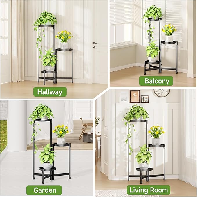 3-Tier Metal Plant Stand Indoor, Foldable Corner Plant Shelf Outdoor, Rotatable Tiered Tall Plant Stand, Black Multiple Plant Stands for Patio Living Room Balcony Garden Home Decor