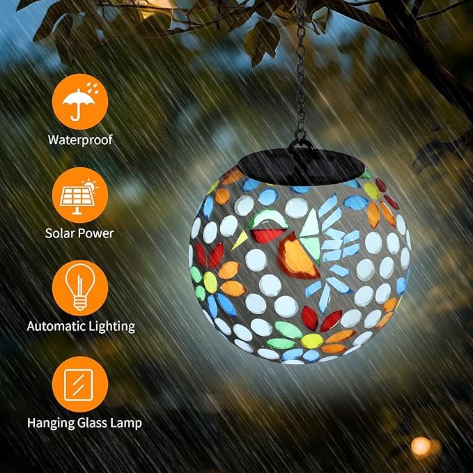 VCUTEKA Solar Chandelier Outdoor, Hanging Mosaic SolarLights with Hook Up, Solar Garden Lantern Decor for Yard, Deck and Patio, White