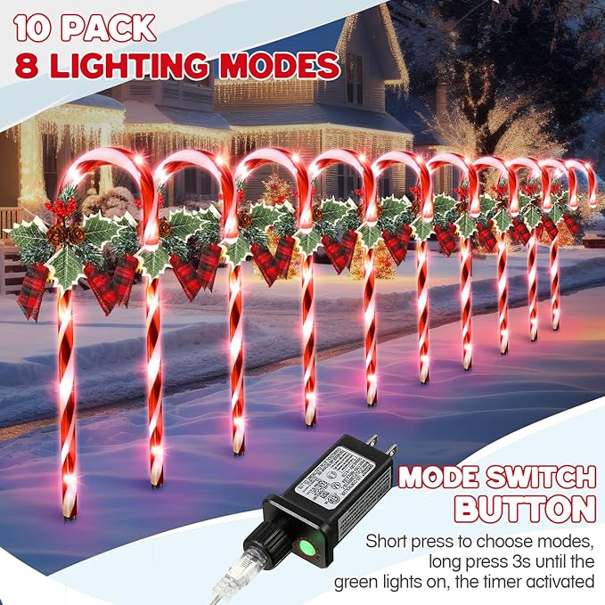 Hiboom Christmas Candy Cane Lights, 10 Pcs 21 Inch Pathway Markers Lights with Stakes, Christmas Driveway Lights End to End Connected for Xmas Holiday Party Walkway Patio Garden Decor (Red and White)